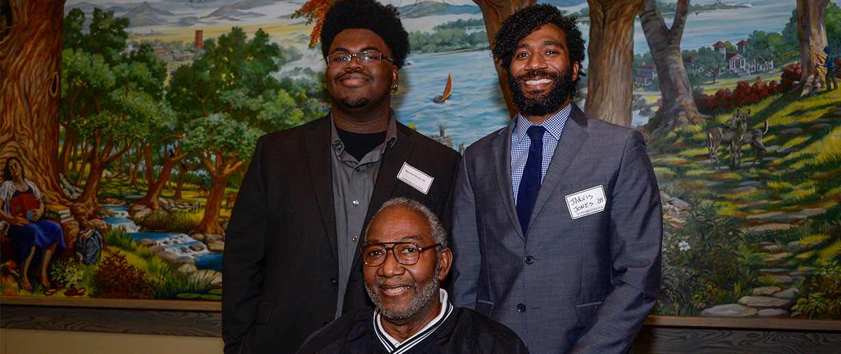 Doug Jones ’69, the first Black student to graduate from Wofford, poses with his son, Jarvis Jones ’04, and grandson, Hayden Jones ’25, during the Order of 1854 Heritage Society brunch on Saturday, Oct. 9.